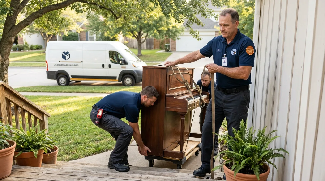 Licensed piano movers securing grand piano in Orwell, OH