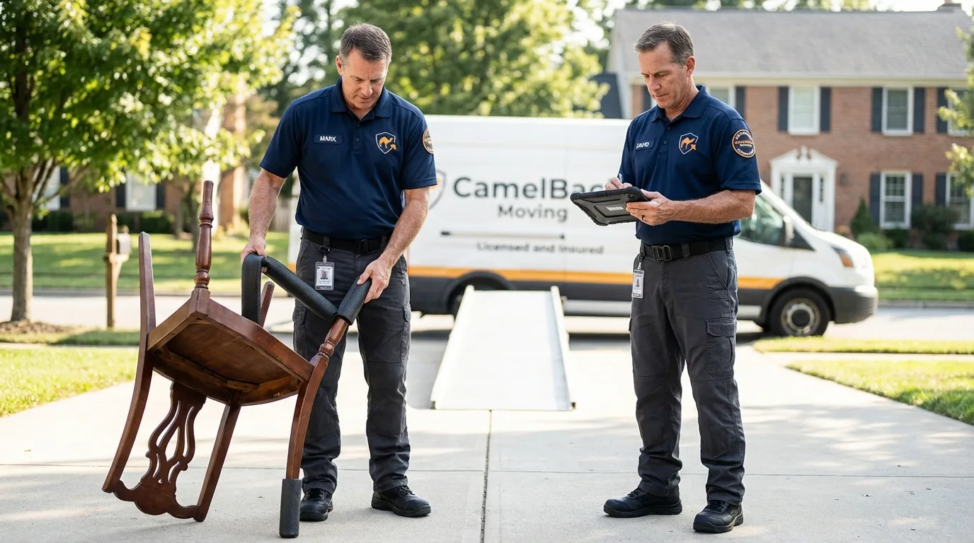 Movers inspecting furniture for damage prevention before loading in Orwell, OH